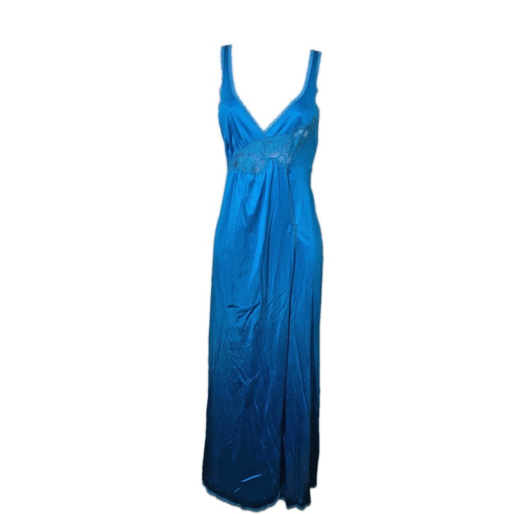 Vtg 1970s Long Teal Shimmer Nightgown Nylon Lace Empire Wrap Vanity Fair Small